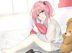 Rule 34 | 1girl, barefoot, blush, from side, grey shirt, highres, legs, long hair, looking at viewer, nana asta deviluke, no pants, hugging object, open mouth, pillow, pillow hug, pink eyes, pink hair, shirt, sitting, sketch, solo, stuffed animal, stuffed toy, tail, teddy bear, to love-ru, twintails