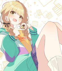 Rule 34 | 1girl, bare legs, blonde hair, blue skirt, blush, braid, fang, feet out of frame, fujita kotone, gakuen idolmaster, hair ribbon, heart, heart hands, highres, idolmaster, jacket, knees together feet apart, knees up, long sleeves, looking at viewer, multicolored clothes, multicolored jacket, patterned background, plaid, plaid skirt, pleated skirt, ribbon, sasanoha (sasanoha0712), shirt, skin fang, skirt, smile, solo, star (symbol), twin braids, yellow eyes, yellow shirt