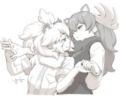 Rule 34 | 10s, 2girls, animal ears, artist name, closed mouth, commentary, fur collar, holding hands, interlocked fingers, kemono friends, lion (kemono friends), lion ears, long hair, long sleeves, looking at another, medium hair, monochrome, moose (kemono friends), moose ears, multiple girls, necktie, oono tsutomu, parted lips, shirt, short sleeves, signature, smile, standing, yuri