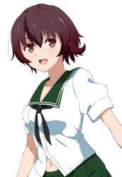 Rule 34 | 1girl, bad id, bad pixiv id, black neckerchief, brown hair, commentary request, gradient hair, green sailor collar, green skirt, highres, kantai collection, looking at viewer, multicolored hair, mutsuki (kancolle), navel, neckerchief, open mouth, pleated skirt, red hair, round teeth, sailor collar, school uniform, serafuku, short hair, simple background, skirt, solo, sui (sui27shika), teeth, upper body, upper teeth only, white background