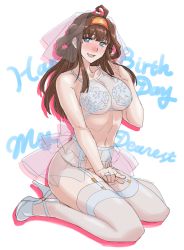 Rule 34 | 1girl, :d, absurdres, ahoge, alternate costume, bare shoulders, blue eyes, blush, breasts, brown hair, cleavage, double bun, english text, full body, hairband, high heels, highres, kantai collection, kongou (kancolle), large breasts, long hair, looking at viewer, navel, open mouth, revealing clothes, see-through, smile, solo, sozan, white footwear