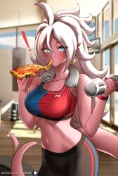 Rule 34 | 1girl, absurdres, android 21, asymmetrical clothes, bare shoulders, blue eyes, collarbone, colored skin, dragon ball, dragon ball fighterz, earrings, female focus, food, food in mouth, gym, highres, hoop earrings, jewelry, long hair, majin android 21, midriff, pea-bean, pink skin, pizza, pizza slice, pointy ears, sports bra, sportswear, sweat, tagme, tail, weight, white hair
