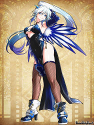 Rule 34 | 1girl, arm up, blue eyes, blue hair, blue horns, boots, breasts, cleavage, clothing request, copyright name, covered navel, elbow gloves, fishnet thighhighs, fishnets, gloves, gradient hair, hair between eyes, halterneck, high heel boots, high heels, horns, leaning forward, long hair, morino bambi, multicolored hair, o-ring, pandora party project, pelvic curtain, small breasts, thighhighs, white hair, yellow background