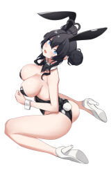 Rule 34 | 1girl, absurdres, animal ears, aningay, ass, bare legs, black bow, black bowtie, black hair, black leotard, blue eyes, bow, bowtie, breasts, cleavage, commentary request, detached collar, double bun, from behind, full body, hair bun, hand on own chest, high heels, highres, korean commentary, large breasts, leotard, long hair, original, playboy bunny, rabbit ears, rabbit tail, simple background, sitting, solo, strapless, strapless leotard, tail, wariza, white background, white footwear, wrist cuffs