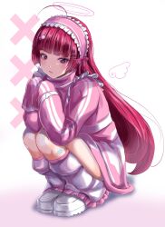 Rule 34 | 1girl, ahoge, alternate costume, blunt bangs, c-wing, commentary request, drawn halo, drawn wings, full body, hairband, halo, hands up, highres, hojo sophy, jacket, leg warmers, lolita hairband, long hair, long sleeves, looking at viewer, pink hairband, pink jacket, pretty series, pripara, purple eyes, red hair, solo, squatting, tenshi kaiwai, track jacket, white footwear