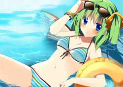 Rule 34 | 1girl, bare shoulders, bikini, blue eyes, blush, bow, bracelet, breasts, cleavage, daiyousei, eyewear on head, female focus, front-tie top, fujishiro emyu, green hair, hair bow, innertube, jewelry, looking at viewer, navel, partially submerged, short hair, side ponytail, solo, striped bikini, striped clothes, sunglasses, swim ring, swimsuit, touhou, water, wings