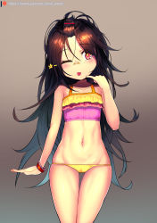 Rule 34 | 1girl, ;p, absurdres, bad id, bad pixiv id, bandaid, bandaid on face, bandaid on nose, bare arms, bare shoulders, bikini, black hair, blue hair, blush, brown background, c-ms (girls&#039; frontline), collarbone, commentary request, fingernails, girls&#039; frontline, gluteal fold, gradient background, gradient hair, hair ornament, hand up, head tilt, highres, korean commentary, leonat, long hair, mismatched bikini, multicolored hair, navel, one eye closed, pink bikini, red eyes, red hair, solo, swimsuit, thigh gap, tongue, tongue out, very long hair, watermark, web address, yellow bikini