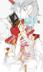 Rule 34 | 1boy, blue hair, candy, chocolate, chocolate covered strawberry, chocolate heart, closed mouth, colored eyelashes, earrings, ensemble stars!, ezu (e104mjd), food, heart, highres, himeru (ensemble stars!), jewelry, long sleeves, looking down, male focus, short hair, solo, white background, yellow eyes