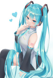 Rule 34 | :p, absurdres, black skirt, black sleeves, black thighhighs, blue background, blue eyes, blue hair, blue nails, blue necktie, blush, breasts, closed mouth, collared shirt, crossed legs, detached sleeves, gradient background, grey shirt, half-closed eyes, hand on own face, hand up, hatsune miku, headphones, heart, highres, long hair, long sleeves, looking at viewer, medium breasts, miniskirt, nail polish, naughty face, necktie, noneon319, number tattoo, pleated skirt, shirt, shoulder tattoo, sitting, skirt, smile, solo, tattoo, thighhighs, tongue, tongue out, twintails, very long hair, vocaloid, zettai ryouiki