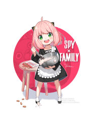 Rule 34 | 1girl, absurdres, ahoge, anya (spy x family), apron, bag, blush, bowl, child, cone hair bun, copyright name, dress, flats, food, food on face, frilled apron, frills, full body, green eyes, hair bun, highres, holding, holding bowl, holding whisk, looking at viewer, nana mikoto, open mouth, peanut, plastic bag, short hair, smile, socks, solo, sparkle, spy x family, strap slip, table, whisk, wrapper