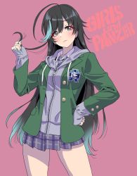 Rule 34 | 1girl, :3, absurdres, blush, character request, contrapposto, girls und panzer, grey eyes, hair between eyes, hand on own hip, highres, hood, hoodie, isuzu hana, jacket, long hair, looking at viewer, miniskirt, multicolored hair, playing with own hair, pleated skirt, simple background, skirt, solo, two-tone hair, yamashita shun&#039;ya