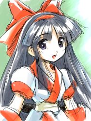 Rule 34 | 1girl, ainu clothes, black hair, breasts, hair ribbon, highres, long hair, looking at viewer, nakoruru, purple eyes, ribbon, samurai spirits, small breasts, smile, snk, solo, the king of fighters, weapon