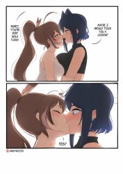 Rule 34 | 2girls, 2koma, ahoge, anyacchi, artist name, black scrunchie, blue eyes, blue hair, blush, breast press, breasts, brown eyes, brown hair, closed eyes, comic, commentary, crop top, english commentary, english text, eye contact, face-to-face, from side, half-closed eyes, height difference, highres, hololive, hololive english, kiss, large breasts, long hair, looking at another, multiple girls, nanashi mumei, open mouth, ouro kronii, patreon username, ponytail, scrunchie, short hair, simple background, sleeveless, symmetrical docking, virtual youtuber, white background, yuri