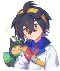 Rule 34 | 1boy, ahoge, black hair, blue shirt, blush, closed mouth, collared shirt, commentary request, creatures (company), crossed bangs, game freak, gloves, hairband, holding strap, jacket, kieran (pokemon), looking down, male focus, mole, mole on neck, necktie, nintendo, ogerpon, pokemon, pokemon (creature), pokemon sv, red gloves, red necktie, shirt, short hair, squiggle, strap, white background, white jacket, wusagi2, yellow hairband