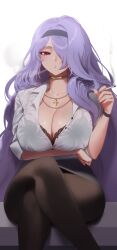 Rule 34 | 1girl, absurdres, alternate costume, arm under breasts, black skirt, black wristband, bra, bra visible through clothes, breasts, business suit, camilla (fire emblem), choker, cigarette, cleavage, commission, contemporary, crossed legs, dress shirt, fire emblem, fire emblem fates, formal, hair over one eye, headband, high-waist skirt, highres, holding, holding cigarette, huge breasts, jewelry, lingerie, lips, long hair, long sleeves, looking at viewer, mature female, necklace, nintendo, nose, office lady, open mouth, pantyhose, partially unbuttoned, pencil skirt, purple eyes, purple hair, red eyes, shirt, simple background, sitting, skirt, sleeves rolled up, smoke, smoking, solo, suit, thick thighs, thighs, underwear, very long hair, wavy hair, white shirt, yohu08
