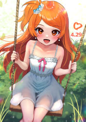 Rule 34 | 1girl, bare shoulders, blush, breasts, c (theta), collarbone, dated, dress, feet out of frame, fingernails, grass, heart, highres, idolmaster, idolmaster million live!, light particles, long hair, looking at viewer, nail polish, ogami tamaki, one side up, orange hair, see-through, sleeveless, sleeveless dress, small breasts, smile, solo, sundress, swing, very long hair, white dress