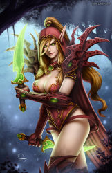 Rule 34 | 1girl, artist name, blonde hair, blood elf (warcraft), breasts, cape, cleavage, dual wielding, elf, green eyes, hair tubes, high ponytail, holding, hood, long hair, medium breasts, plant, pointy ears, reverse grip, sam delatore, signature, solo, tree, valeera sanguinar, warcraft, world of warcraft