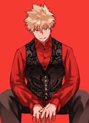 Rule 34 | 1boy, bakugou katsuki, black pants, black vest, blonde hair, boku no hero academia, donnaoneone, looking at viewer, male focus, pants, red background, red eyes, red shirt, shirt, short hair, simple background, smile, solo, spiked hair, vest