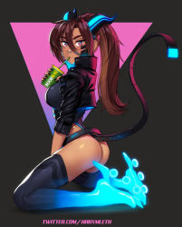 Rule 34 | 1girl, ass, black horns, black jacket, black leotard, black nails, brand name imitation, breasts, brown hair, clothing cutout, commentary, commission, cropped jacket, cup, cyberpunk, dark-skinned female, dark skin, disposable cup, drinking straw, english commentary, fingernails, from side, full body, glowing, hair between eyes, headset, helixel (helixel), highleg, highleg leotard, highres, horns, ice skates, jacket, kneeling, leather, leather jacket, leotard, long hair, looking at viewer, medium breasts, mleth, nail polish, nose piercing, nose ring, original, piercing, ponytail, popped collar, red eyes, skates, sleeves pushed up, solo, subway (company), tail, tail through clothes, thighhighs, thong leotard