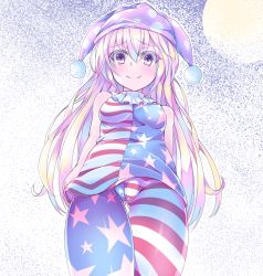Rule 34 | 1girl, adapted costume, american flag, american flag legwear, american flag print, american flag shirt, arms behind back, blonde hair, breasts, buta (uhoiiotoko), cameltoe, clownpiece, collar, covered erect nipples, fairy wings, frilled collar, frilled shirt collar, frills, from below, gluteal fold, hair between eyes, hat, jester cap, long hair, looking at viewer, medium breasts, pantyhose, pink eyes, polka dot, print shirt, smile, solo, striped clothes, striped pantyhose, touhou, very long hair, wings