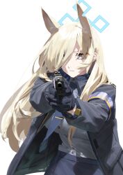 Rule 34 | 1girl, absurdres, animal ear fluff, animal ears, asimo (hakurei10201), black gloves, blonde hair, blue archive, blue necktie, blue shirt, blue skirt, breasts, commentary request, dress shirt, extra ears, fox ears, gloves, grey eyes, gun, hair over one eye, halo, handgun, highres, holding, holding gun, holding weapon, jacket, kanna (blue archive), large breasts, long hair, long sleeves, looking at viewer, necktie, open clothes, open jacket, parted lips, pointing, pointing at viewer, shirt, simple background, skirt, solo, torn clothes, very long hair, weapon, white background