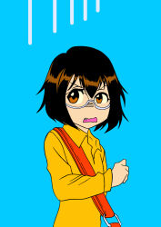Rule 34 | 1girl, blue background, glasses, kamikoshi sorawo, shirt, teradahiroo, urasekai picnic, yellow shirt