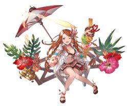 Rule 34 | 10s, 1girl, belt, bikini, bikini skirt, blue eyes, bracelet, braid, breasts, brown hair, carren, carren (granblue fantasy), chair, cleavage, collarbone, crown braid, flower, food, full body, granblue fantasy, hair ornament, hibiscus, holding, ice cream, jewelry, long hair, looking at viewer, looking up, medium breasts, minaba hideo, navel, official art, one eye closed, open clothes, open mouth, open shirt, toeless footwear, pearl bracelet, sandals, shirt, shoes, short sleeves, sitting, smile, solo, spoon, sunlight, swimsuit, thigh strap, transparent background, twin braids, umbrella
