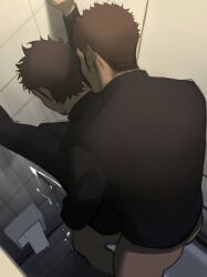 Rule 34 | 2boys, against wall, anal, ass, bara, bathroom, bottomless, brown hair, cum, ejaculating while penetrated, ejaculation, facial hair, facing down, from above, goatee, goburin second, handsfree ejaculation, highres, long sideburns, male focus, male penetrated, multiple boys, original, sex, short hair, sideburns, sideburns stubble, standing, standing sex, stubble, yaoi