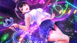 Rule 34 | 1girl, :d, artist request, black hair, blue skirt, breasts, from below, hair ornament, hair scrunchie, happy, konomi yui, large breasts, leg up, looking to the side, midriff peek, navel, official art, open mouth, pleated skirt, ponytail, purple eyes, school uniform, scrunchie, see-through, see-through sleeves, seifuku kanojo, serafuku, shirt, short sleeves, skirt, smile, solo, sparkle, standing, standing on one leg, thighs, white shirt