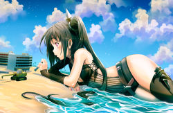 Rule 34 | 1girl, absurdres, architect (girls&#039; frontline), artist name, beach, black hair, black shorts, black thighhighs, blue sky, breasts, building, cleavage, cloud, day, eudetenis, giant, giantess, girls&#039; frontline, highres, long hair, lying, medium breasts, micro shorts, ocean, on stomach, outdoors, purple eyes, sand, sangvis ferri, shorts, side ponytail, sky, solo, thighhighs