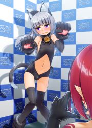 Rule 34 | 1boy, 1girl, animal ears, animal hands, aogiri penta, bell, black gloves, black thighhighs, blue hair, blush, bulge, cat boy, cat ears, cat tail, clothing cutout, commission, crossdressing, embarrassed, gloves, highres, jingle bell, looking away, male focus, navel cutout, open mouth, original, paw gloves, pointy ears, purple eyes, red hair, skeb commission, solo focus, standing, tail, taking picture, thighhighs, trap
