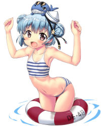 Rule 34 | 1girl, :d, arched back, armpits, arms up, bikini, blue hair, blush, blush stickers, breasts, brown eyes, collarbone, commentary request, double bun, hair between eyes, hair bun, hair ornament, hase yu, hat, kantai collection, lifebuoy, looking at viewer, navel, open mouth, samuel b. roberts (kancolle), simple background, small breasts, smile, solo, star (symbol), star hair ornament, striped bikini, striped clothes, swim ring, swimsuit, thigh gap, whale, white background