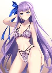 Rule 34 | 1girl, bare shoulders, blue eyes, blue ribbon, blush, bra, breasts, cleavage, collarbone, fate/extra, fate/extra ccc, fate/grand order, fate (series), fukuda shuushi, gradient background, hand in own hair, highleg, highleg panties, highres, lingerie, long hair, looking at viewer, medium breasts, meltryllis (fate), navel, panties, purple bra, purple hair, purple panties, ribbon, smile, solo, standing, thighs, underwear, very long hair