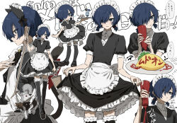 Rule 34 | 1boy, animal, animal ears, apron, black dress, black thighhighs, bottle, broom, bucket, cat ears, closed mouth, dog, dress, hair over one eye, holding, holding bottle, holding bucket, holding tray, ketchup, maid, maid headdress, mouth hold, multiple views, persona, persona 3, puffy short sleeves, puffy sleeves, shoes, short hair, short sleeves, tamaon 2525, thighhighs, tray, twintails, waist apron, wings, yuuki makoto (persona 3), zettai ryouiki