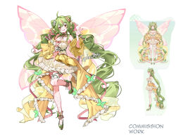Rule 34 | 1girl, :d, absurdly long hair, artist name, butterfly wings, clenched teeth, commentary, commission, cone hair bun, detached collar, double bun, dress, english commentary, english text, full body, green footwear, hair bun, hand up, high heels, inanna bell, indie virtual youtuber, insect wings, long hair, open mouth, plant, reference inset, simple background, smile, standing, standing on one leg, stiletto heels, sydus, teeth, very long hair, vines, waving, white background, wings, yellow corset, yellow dress, yellow eyes