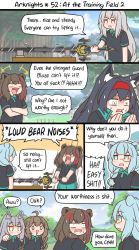Rule 34 | 6+girls, :d, ahoge, angel wings, animal ear fluff, animal ears, arknights, bear ears, black hair, black shirt, blaze (arknights), blue eyes, blue hair, blush, braid, brown-framed eyewear, brown hair, collared shirt, commentary, crossed arms, cuora (arknights), day, english commentary, english text, fang, green hair, green shorts, grey hair, guin guin, hair between eyes, hair over shoulder, hairband, hand on another&#039;s shoulder, highres, holding, holding sword, holding weapon, istina (arknights), long hair, meme, monocle, motion blur, multicolored hair, multiple girls, open mouth, outdoors, profanity, projekt red (arknights), red eyes, red hair, red hairband, russian text, shirt, short shorts, short sleeves, shorts, single braid, skadi (arknights), smile, streaked hair, sweat, sword, tree, trembling, two-handed, v-shaped eyebrows, weapon, wings, yellow eyes, zima (arknights)