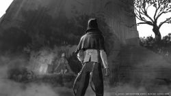 Rule 34 | 1girl, 1other, ambiguous gender, artist name, bloodborne, capelet, door, dress, feet out of frame, from behind, gloves, greyscale, hood, hood up, hunter&#039;s dream (bloodborne), hunter (bloodborne), l aciel, lamp, long sleeves, monochrome, outdoors, pants, plain doll, sitting, stairs, standing