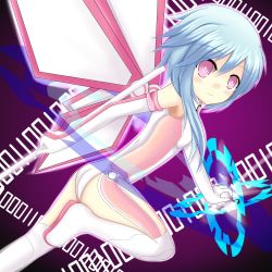Rule 34 | 1girl, ass, bare shoulders, blue hair, cowboy shot, elbow gloves, female focus, gloves, highres, leotard, looking at viewer, neptune (series), pink hair, rom (neptunia), shinon ruku, short hair with long locks, solo, staff, symbol-shaped pupils, weapon, white sister rom