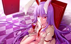 Rule 34 | 1girl, animal ears, as109, bad id, bad pixiv id, breasts, rabbit ears, dress shirt, covered erect nipples, female focus, highres, long hair, no bra, open clothes, open shirt, panties, purple hair, purple theme, red eyes, reisen udongein inaba, shirt, solo, touhou, underwear