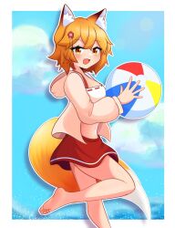 1girl animal_ear_fluff animal_ears ball beachball bikini bikini_skirt bikini_top_only blue_background blush border breasts brown_hoodie cloud fang flower fox_ears fox_girl fox_tail from_side hair_between_eyes hair_flower hair_ornament highres holding holding_ball holding_beachball hood hoodie knee_up looking_at_viewer marikima navel open_mouth orange_eyes orange_hair outline red_skirt senko_(sewayaki_kitsune_no_senko-san) sewayaki_kitsune_no_senko-san short_hair skin_fang skirt small_breasts smile solo swimsuit tail white_bikini white_border white_outline