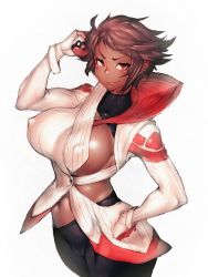 Rule 34 | 10s, 1girl, breasts, brown eyes, candela (pokemon), covered erect nipples, creatures (company), dark-skinned female, dark skin, fumio (rsqkr), game freak, gloves, large breasts, navel, nintendo, pantyhose, poke ball, poke ball (basic), pokemon, pokemon go, red eyes, revealing clothes, short hair, sideboob, simple background, smile, solo, white background