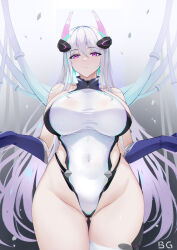 Rule 34 | 1girl, azur lane, baige0, bare shoulders, blue gloves, blush, breasts, closed mouth, covered navel, elbow gloves, gloves, gluteal fold, gradient background, hair between eyes, hair ornament, highleg, highleg leotard, horns, huge breasts, kearsarge (azur lane), large breasts, leotard, long hair, looking at viewer, purple eyes, revision, solo, thighs, white hair, white leotard