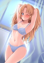 Rule 34 | 1girl, armpits, arms behind head, arms up, blonde hair, blue bra, blue eyes, blue panties, blush, bra, breasts, cleavage, commission, curtains, dream c club (series), dream c club gogo., hisakabe oto, indoors, long hair, looking at viewer, medium breasts, navel, one eye closed, panties, seira (dream c club gogo.), skeb commission, solo, thighs, underwear, underwear only, window
