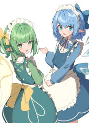 Rule 34 | 2girls, absurdres, alternate costume, apron, back bow, blue bow, blue eyes, blue hair, bow, cirno, commission, daiyousei, ei tantan, enmaided, fairy wings, flat chest, frilled apron, frills, green eyes, green hair, hair bow, highres, ice, ice wings, long sleeves, maid, maid apron, maid headdress, multiple girls, pointy ears, puffy long sleeves, puffy sleeves, second-party source, short hair, side ponytail, simple background, skeb commission, touhou, waist apron, white apron, white background, wings, yellow bow