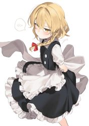 Rule 34 | 1girl, :|, arms behind back, blonde hair, blush, braid, closed mouth, dress, floating clothes, highres, jill 07km, kirisame marisa, looking at viewer, no headwear, petticoat, pinafore dress, simple background, single braid, sleeveless dress, solo, spoken blush, touhou, white background