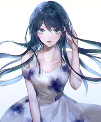 Rule 34 | 1girl, alternate costume, artist name, bare shoulders, blue eyes, blue hair, breasts, collarbone, commentary request, danganronpa: trigger happy havoc, danganronpa (series), detached sleeves, dress, floating hair, floral print, grey background, light blue hair, long hair, looking at viewer, lower teeth only, maizono sayaka, medium breasts, multicolored hair, open mouth, sakuyu, sleeveless, sleeveless dress, solo, teeth, two-tone hair, upper teeth only, white dress