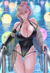 Rule 34 | 1girl, azur lane, bare shoulders, black one-piece swimsuit, breasts, character name, cleavage, dorian oishiiyo, duca degli abruzzi (azur lane), duca degli abruzzi (lustrous onyx sirenetta) (azur lane), in water, large breasts, mechanical arms, official alternate costume, one-piece swimsuit, partially submerged, prosthesis, prosthetic arm, prosthetic hand, red eyes, sidelocks, single mechanical arm, swimsuit, thigh gap, thighs, wet, wet hair