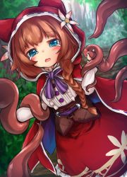 Rule 34 | 1girl, animal hood, blue eyes, braid, brown hair, cape, forest, frilled skirt, frills, grimms echoes, highres, hood, hood up, hooded cape, little red riding hood (grimms echoes), long hair, long sleeves, nature, red cape, restrained, shirt, skirt, tears, tentacles, touko olivia, tree, white shirt