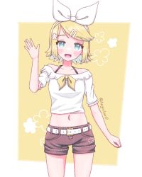 Rule 34 | 1girl, aegissanp, alternate costume, arm at side, belt, black shorts, blonde hair, blue eyes, bow, casual, collarbone, cowboy shot, flower, hair bow, hair flower, hair ornament, hairclip, highres, kagamine rin, looking at viewer, medium hair, midriff, navel, off-shoulder shirt, off shoulder, open mouth, shirt, short shorts, shorts, simple background, smile, solo, swept bangs, tareme, twitter username, vocaloid, waving, white belt, white shirt, yellow background
