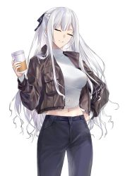 Rule 34 | 1girl, absurdres, ak-12 (girls&#039; frontline), blue pants, braid, breasts, brown jacket, casual, closed eyes, commission, cup, denim, disposable cup, french braid, girls&#039; frontline, hand on own hip, highres, holding, holding cup, jacket, jeans, large breasts, long sleeves, midriff, navel, open clothes, open jacket, pants, pixiv commission, shirt, sidelocks, smile, solo, suprii, turtleneck, white hair, white shirt